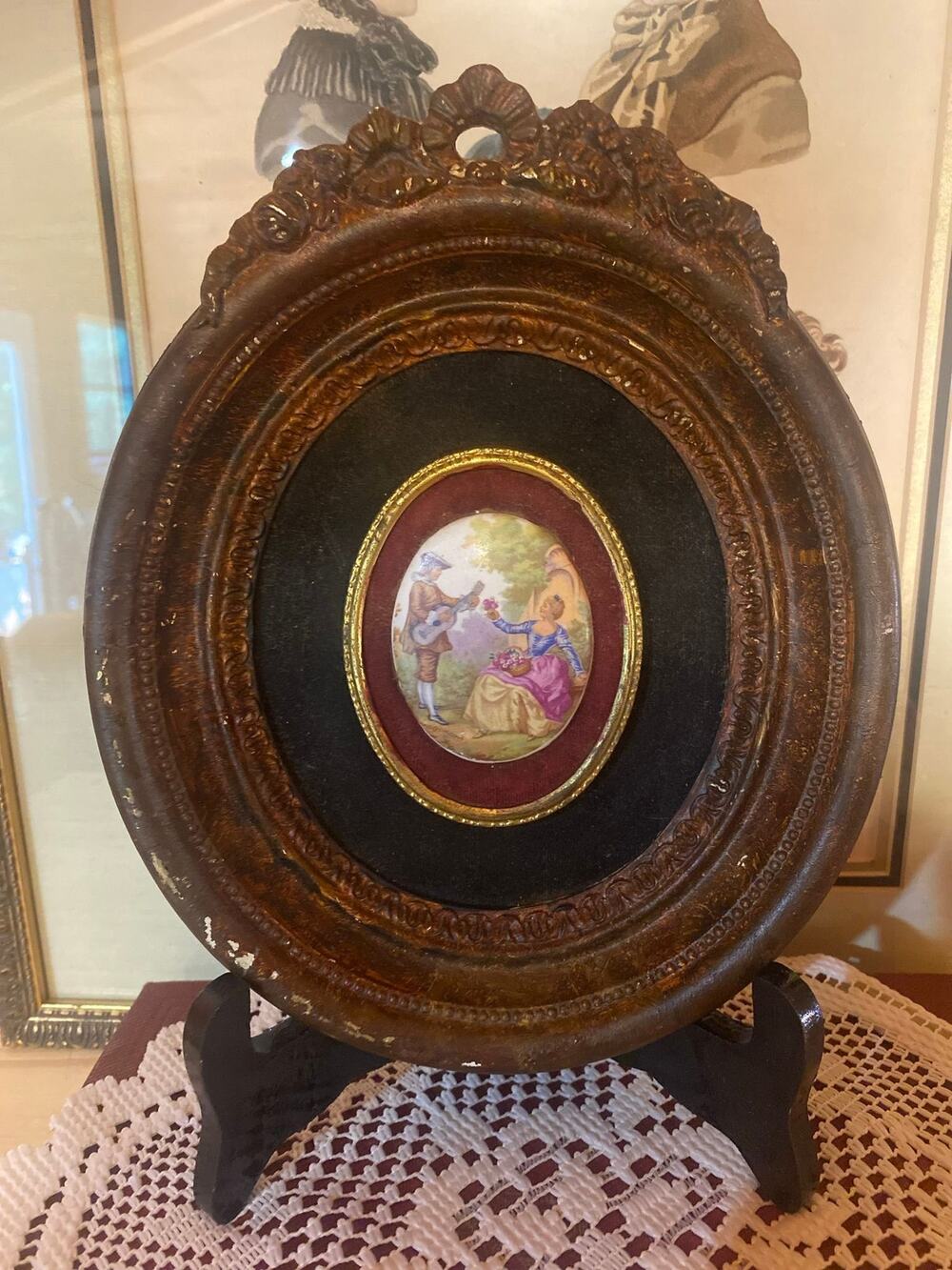 Vintage Framed Porcelain Courting Couple Plaque Rococo Revival 8.5”